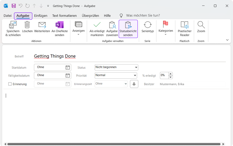 Outlook-Aufgabe „Getting Things Done“ mit markierter Schaltfläche „Statusbericht senden“