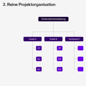 Die Grafik zeigt ein Organigramm zur reinen Projektorganisation. Oben steht die Unternehmensleitung. Darunter sind drei Einheiten angeordnet: Projekt A, Projekt B und ein verbleibender Fachbereich 1. Unter Projekt A befinden sich drei Teilaufgaben oder Teams: A1, A2, A3. Unter Projekt B sind ebenfalls drei Teilaufgaben oder Teams aufgeführt: B1, B2, B3. Der Fachbereich 1 steht eigenständig rechts daneben mit weiteren untergeordneten Einheiten. Die Struktur verdeutlicht, dass die Mitarbeitenden vollständig in Projekte eingegliedert sind, anstatt parallel in einer Linienorganisation mitzuwirken. Die Überschrift lautet: „3. Reine Projektorganisation“.