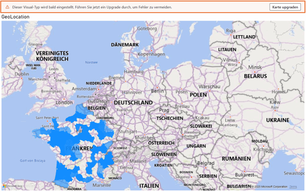 Power BI Kartenvisualisierung mit GeoLocation-Daten und regionaler Hervorhebung in Frankreich, inklusive Hinweis zum Karten-Upgrade.