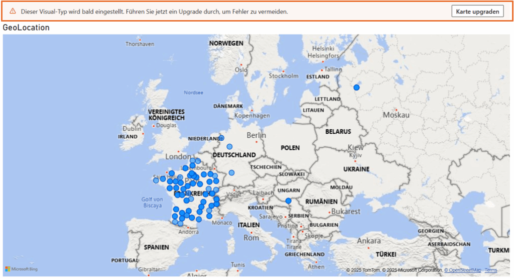 Power BI Kartenvisualisierung mit geografischen Datenpunkten in Europa und Hinweis zum Upgrade des Karten-Visuals.