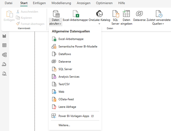 Power BI Screenshot zeigt Menü ‚Daten abrufen‘ mit Datenquellen wie Excel, SQL Server, Web und CSV.