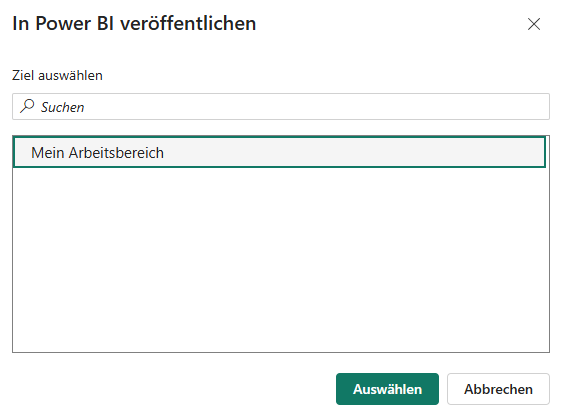 Power BI Dialog ‚In Power BI veröffentlichen‘ mit Auswahl des Arbeitsbereichs für einen Bericht oder ein Dataset.