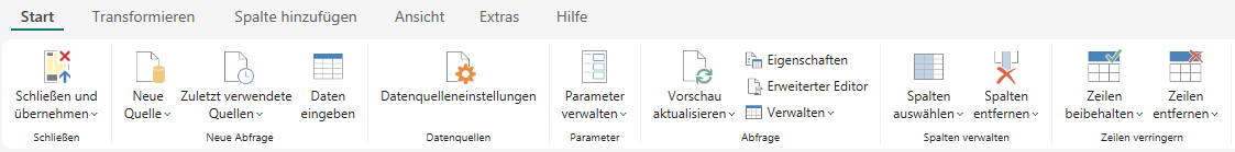 Power Query Editor in Power BI mit Menü ‚Start‘ zur Datenaufbereitung, Transformation und Spalten- sowie Zeilenverwaltung.