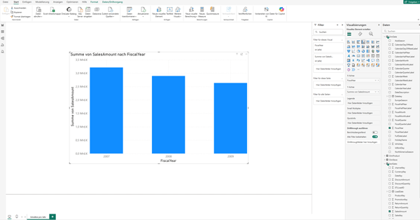 Power BI Bericht mit Säulendiagramm zur Umsatzsumme (SalesAmount) nach Geschäftsjahr.