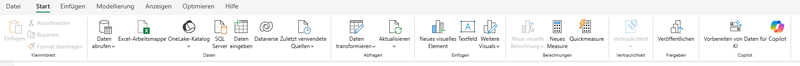 Power BI Desktop Menü ‚Start‘ mit Funktionen zum Abrufen, Transformieren, Visualisieren und Veröffentlichen von Daten.