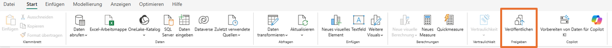 Power BI Desktop Menü ‚Start‘ mit Funktionen zum Abrufen, Transformieren, Visualisieren und Veröffentlichen von Daten.