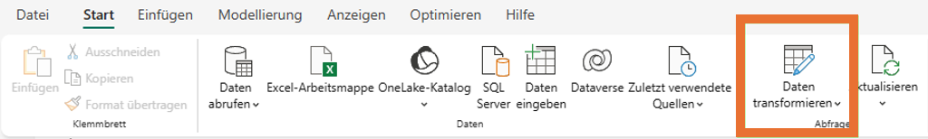 Power BI Desktop Menü ‚Start‘ mit Funktionen zum Abrufen, Transformieren und Aktualisieren von Datenquellen.