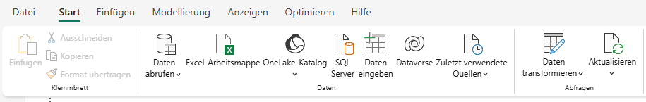 Power BI Desktop Menü ‚Start‘ mit Funktionen zum Abrufen, Transformieren und Aktualisieren von Datenquellen.