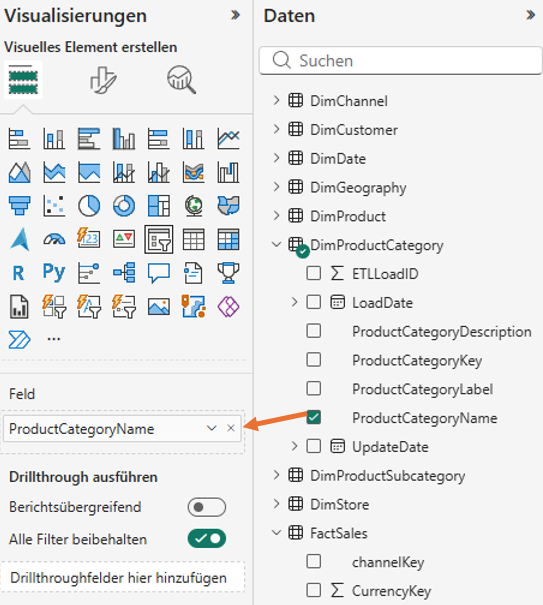 Power BI Slicer-Erstellung mit ProductCategoryName aus DimProductCategory.