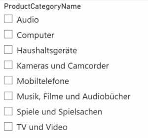 Power BI Slicer mit Produktkategorien zur Filterung von Berichten, darunter Audio, Computer, Haushaltsgeräte, Mobiltelefone und TV und Video.
