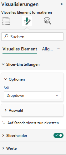 Power BI Formatierungsbereich für einen Slicer mit geöffneten Slicer-Einstellungen, Dropdown-Stil ausgewählt und Optionen zur Darstellung und Auswahlkonfiguration.