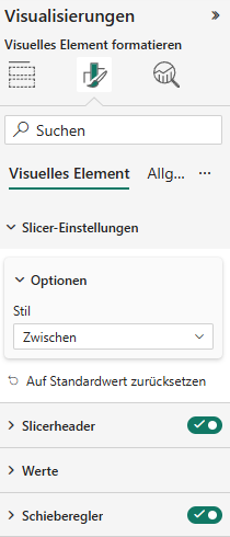 Power BI Formatierungsbereich für einen Slicer mit geöffneten Slicer-Einstellungen, Stil ›Zwischen‹ ausgewählt sowie aktivierten Optionen für Slicerheader und Schieberegler.