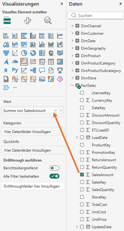 Power BI Visualisierungen und Datenbereich mit ausgewählter Kennzahl SalesAmount in der Faktentabelle.