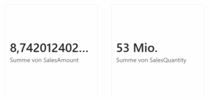 Power BI Kartenvisualisierung mit SalesAmount- und SalesQuantity-Gesamtsummen.
