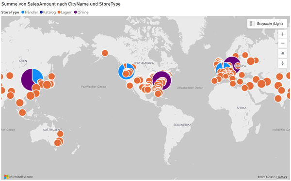Power BI Weltkarte zeigt Umsatzverteilung nach Städten und Store-Typen mit Azure Maps.