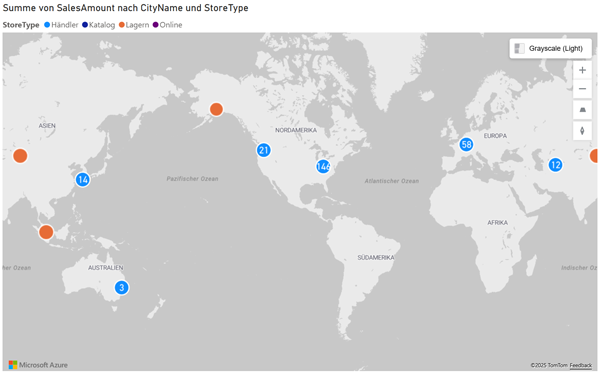 Power BI Weltkarte zeigt Umsatzverteilung nach Städten und Store-Typen mit Azure Maps.“