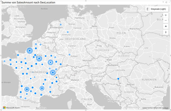 Power BI Kartenvisualisierung zeigt Umsatzverteilung nach GeoLocation mit Schwerpunkt auf Frankreich.