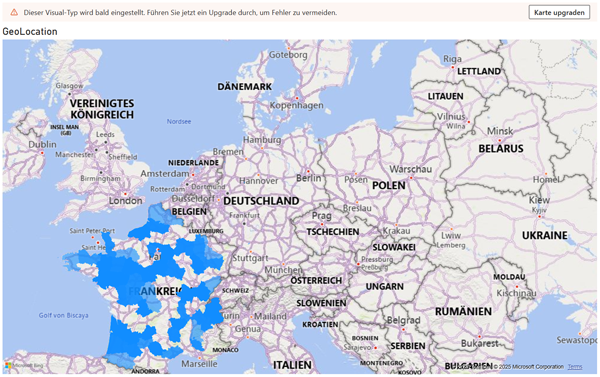 Power BI Kartenvisualisierung mit GeoLocation-Daten und regionaler Hervorhebung in Frankreich, inklusive Hinweis zum Karten-Upgrade.