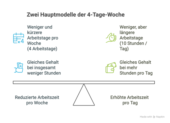Infografik zu zwei Modellen der 4-Tage-Woche: weniger Wochenstunden bei gleichem Gehalt oder längere Arbeitstage mit etwa 10 Stunden pro Tag.