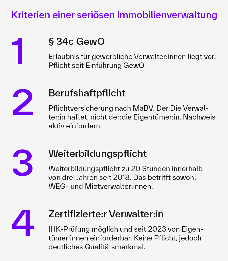 Vier Kriterien einer seriösen Hausverwaltung: Gewerbeerlaubnis, Berufshaftpflicht, Weiterbildung, IHK-Zertifikat