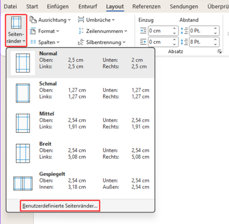 Screenshot aus Microsoft Word mit geöffnetem Layout-Menü, in dem die Option Seitenränder und benutzerdefinierte Seitenränder markiert sind